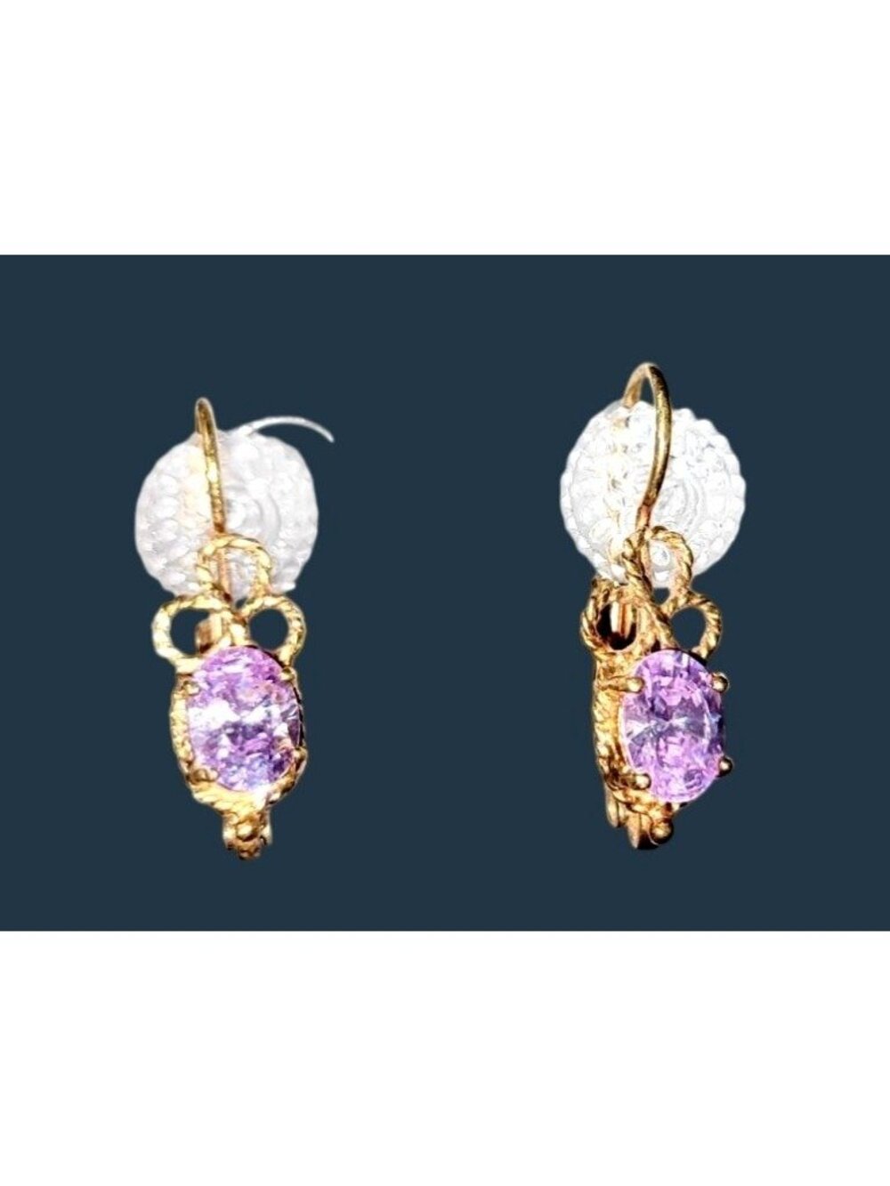 Vintage Yellow Gold Dangle Earrings Oval Lilac Amethyst Stone Filigree Design - Picture 4 of 8